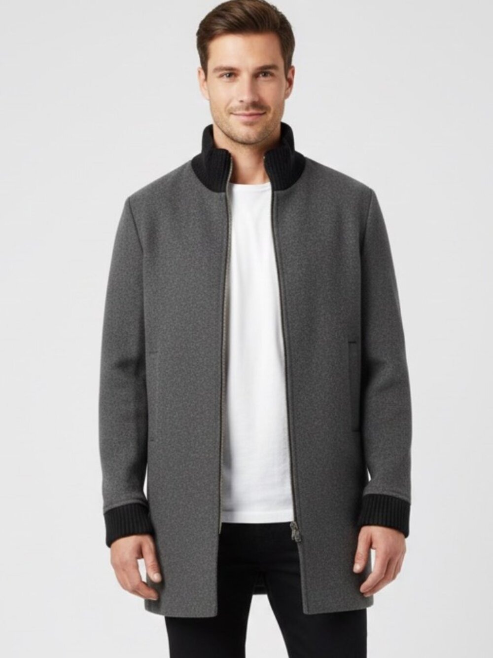 OAK + FORT Dark Grey Wool Blend Ribbed Trim Zip Up Coat Size XS